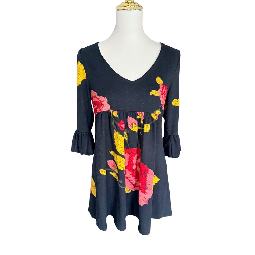 OB2-12 Floral Empire Waist Ruffle Sleeve Tunic Top Mini Dress Black Red Large